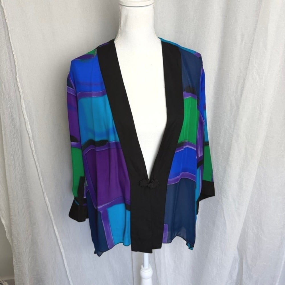 Drapers & Damons Kimono Women XL Blue Purple 100% Silk Maximalist Print Layering